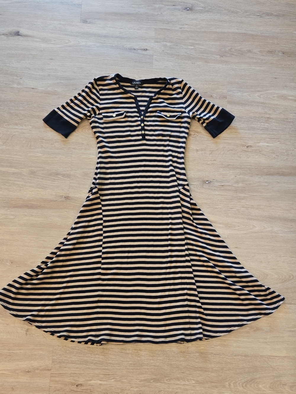 Ralph Lauren Black and Cream Striped Midi Fit-and-Flare Dress